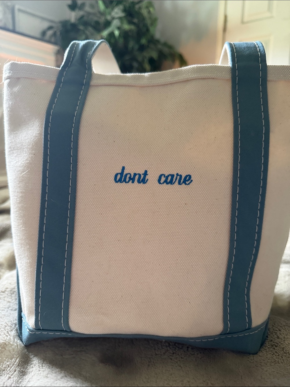 L.L. Bean Tall Small Cream Canvas Tote with Blue Trim (Long handles) - Picture 3 of 5